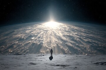 A man stands on a planet with a bright sun in the background. astronaut concept.