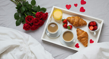 Valentine's day breakfast tray with roses, croissants, coffee, and orange juice on white sheets