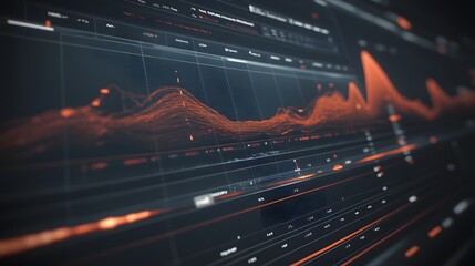 Close-up shot of a futuristic digital interface displaying dynamic data visualizations.