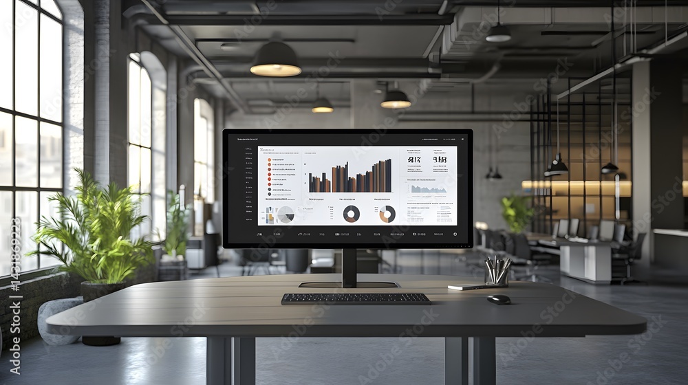 Poster modern office workspace with a large monitor displaying data analytics. a sleek, minimalist desk sit