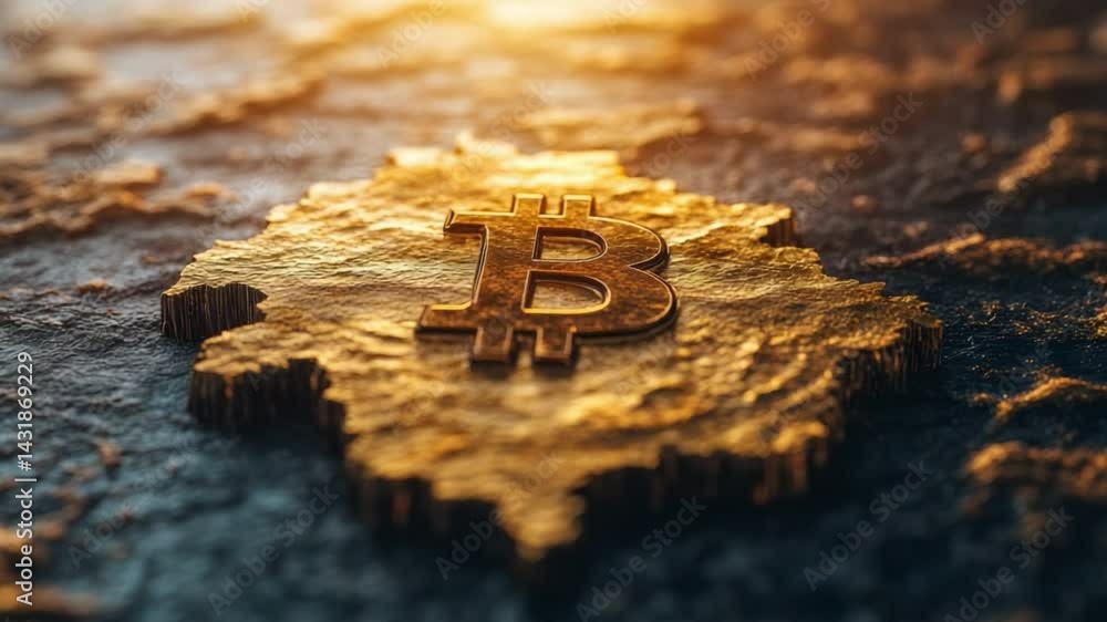 Poster bitcoin on the horizon: a dynamic composition featuring a gleaming golden bitcoin emblem superimpose