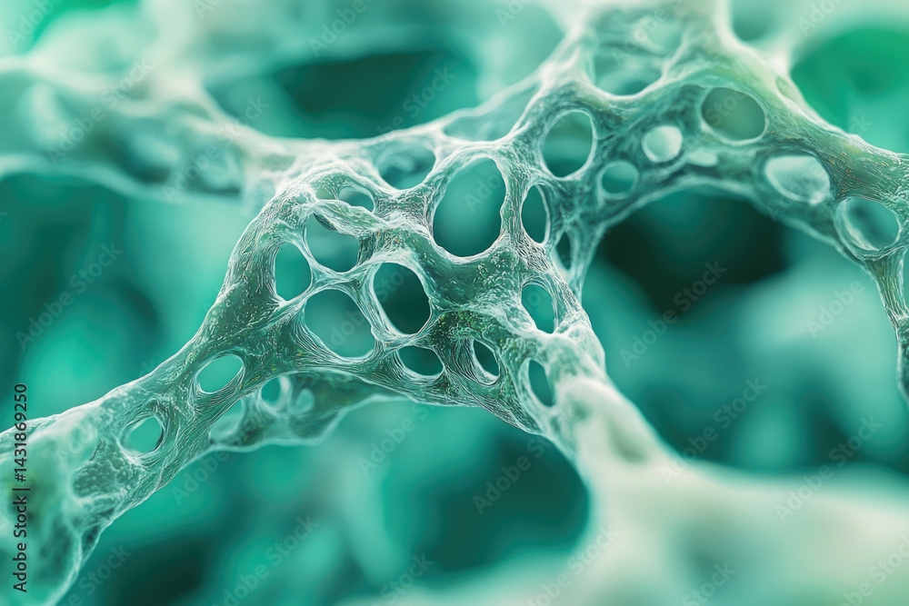 Poster microscopic view of a porous, interconnected network structure, possibly bone or a similar biologica