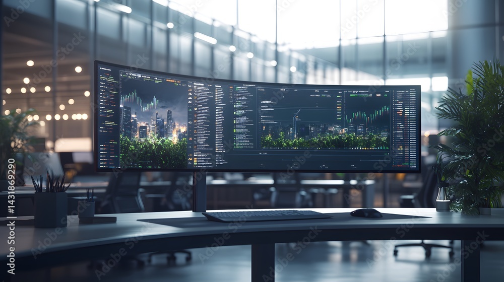 Poster modern workspace with ultrawide monitor displaying stock market data and cityscape. clean, minimalis