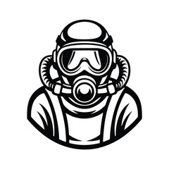 Monochrome Person Protective Suit with Gas Mask in Front View, Outline Style Design