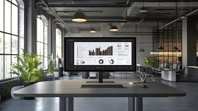 Modern office workspace with a large monitor displaying data analytics.  A sleek, minimalist desk sits in a bright, open-plan office with large windows.