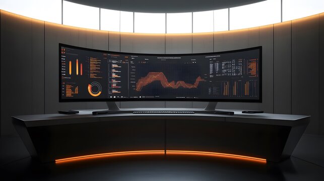 Futuristic curved monitor displays data analytics and graphs on a sleek, modern desk with orange ambient lighting.  Clean, minimalist design.
