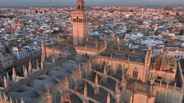 Cathedral of Seville, Aerial of the gothic Building with its famous Giralda bell tower in old town in Andalusia, Spain.