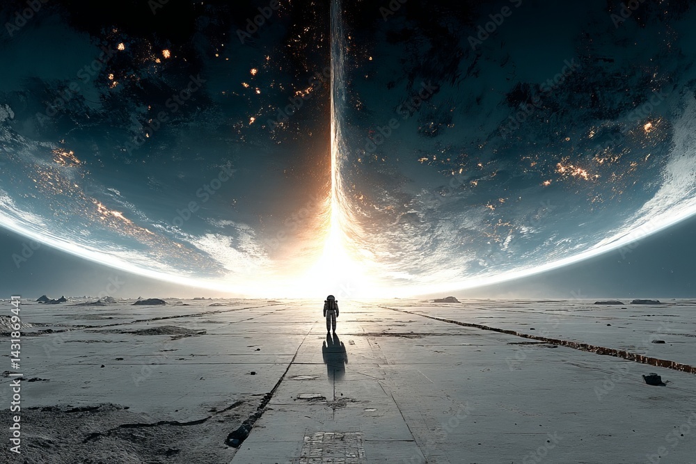 Poster a man is walking on a planet with a large crater in the background. astronaut concept.