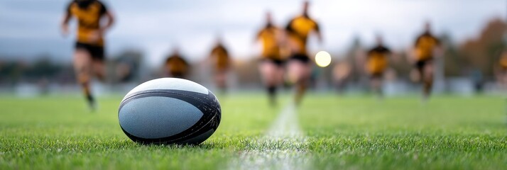 Rugby Ball on Field - Close-up of a rugby ball on a grassy field with blurred rugby players in the background