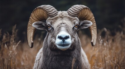 Obraz premium Majestic ram stares, autumn field, forest background, wildlife poster