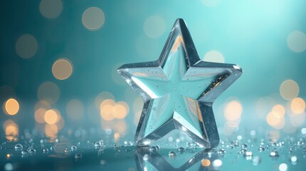 white Glass star ornament on snowy surface with bokeh lights.