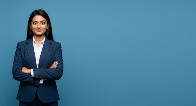 Professional businesswoman poses confidently in a dark blue suit, radiating success and ambition.