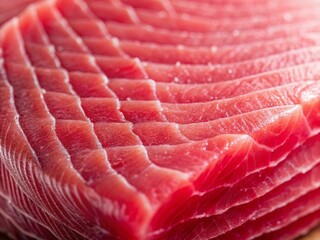 Close up view of raw tuna steak texture with glistening surface and deep red color
