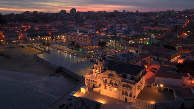 Cascais in the Night after sunset, Blue Hour, Twilights. Aerial view, Illuminated City of Cascais, Lisbon, Portugal