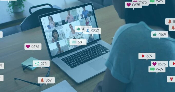 woman viewing business meeting at desk, showing floating likes comments shares notifications