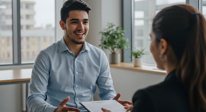 A smiling young man in a button-down shirt during a job interview with a woman.