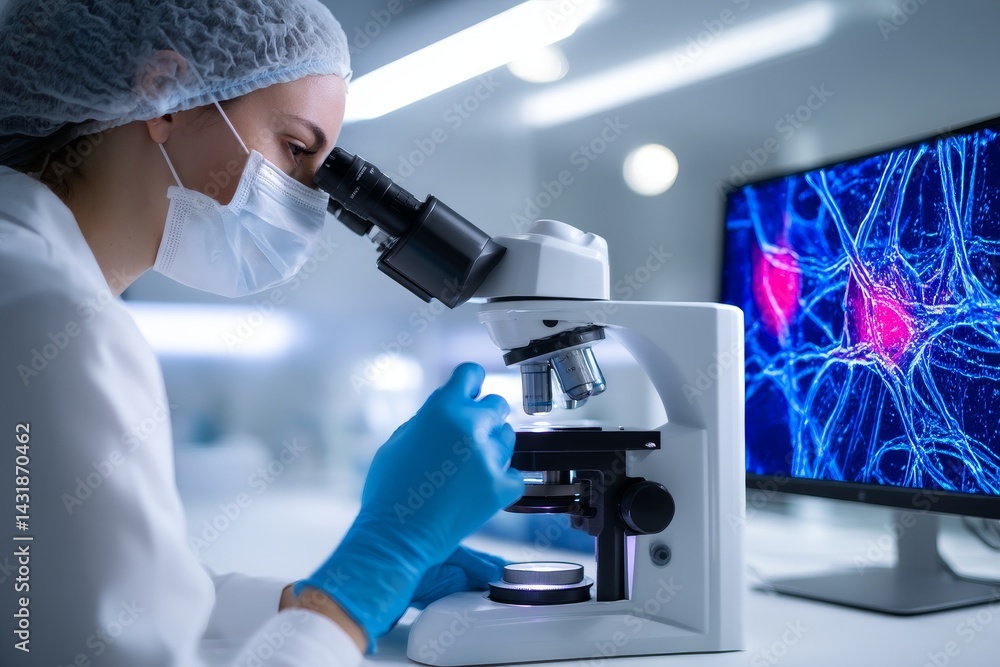Poster scientist using microscope in laboratory - a scientist in a lab coat and gloves uses a microscope to