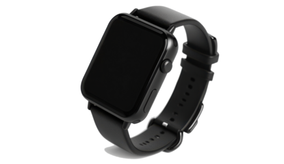 Sleek black smartwatch with a leather strap on a clean background Modern timepiece