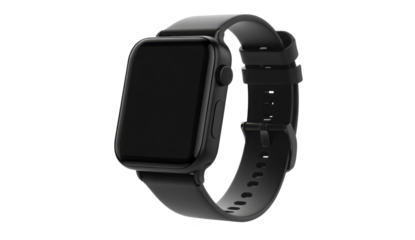 Sleek black smartwatch with a minimalist design and comfortable strap displayed on black