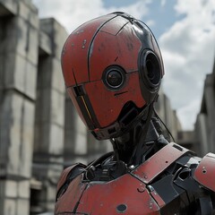Robot in a futuristic environment with a weathered appearance standing against a backdrop of modern architecture during the day