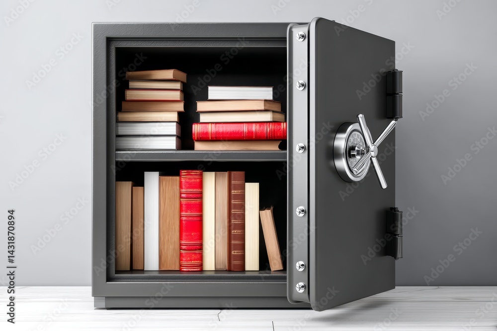 Poster secure book storage in a safe - a dark gray safe opened to reveal neatly organized books on shelves.