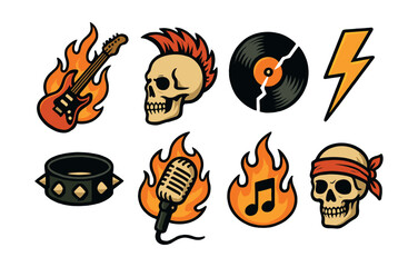 Dynamic rock and roll icons set: guitar, skull, vinyl, lightning, microphone, flames. Vector icons