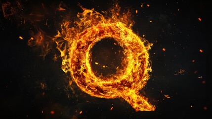 Fiery letter Q burning, dark background, abstract art, graphic design