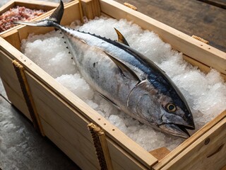 Large tuna packed in wooden box with ice ready for sale at seafood market