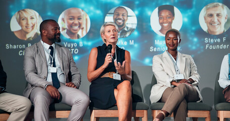 Business people, speaker and microphone for audience, presentation and seminar for start up conference or convention. Woman, panel and question for international trade show, event or workshop