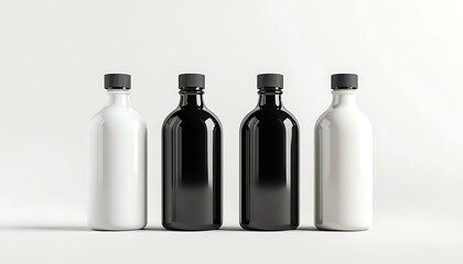 Mockup of black and white plastic bottles on white background. 3d rendering