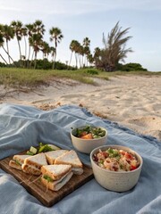 Enjoying a picnic by the sea with sandwiches and poke in the warm sunlight