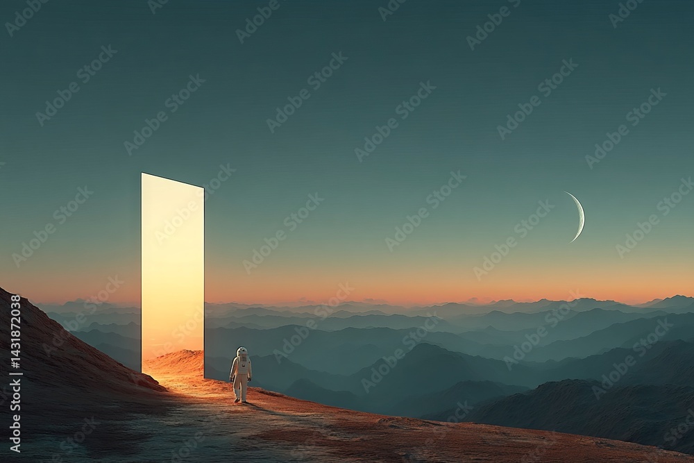 Poster a man in a spacesuit stands in front of a large, open door. astronaut concept.