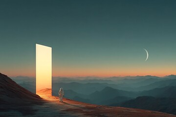 A man in a spacesuit stands in front of a large, open door. astronaut concept.