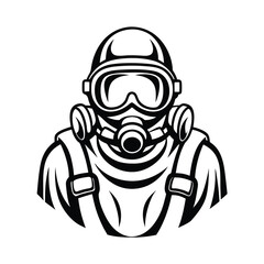 Black and White Outline Style Design of Person Wearing a Gas Mask and Safety Vest