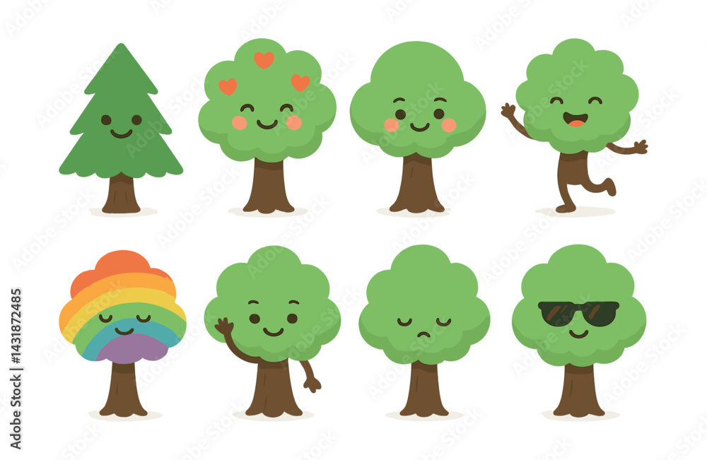 Poster charming cartoon trees icon set: featuring expressive and playful tree characters. vector icons