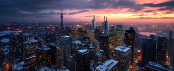Fototapeta premium Urban panorama at twilight, snow-covered buildings.