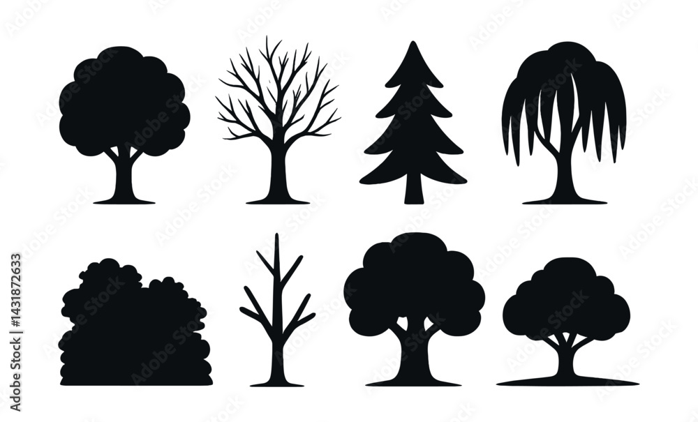 Poster elegant tree silhouette icons set: simple for design projects. vector icons