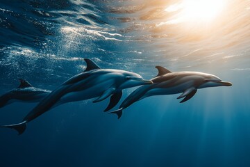 Fototapeta premium A school of dolphins swimming gracefully underwater with sunlight filtering through the surface
