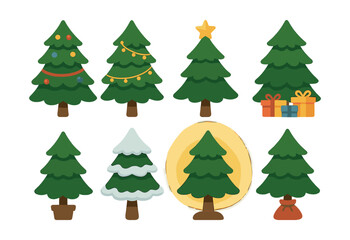 Obraz premium Festive christmas tree icons set: eight elegant designs in flat style. Vector icons