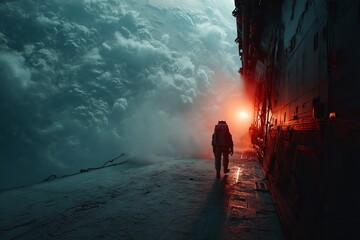 Fototapeta premium A man in a spacesuit walks through a tunnel in a foggy, cloudy sky. astronaut concept.