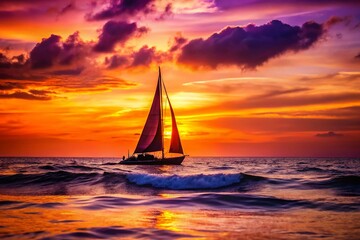 Fototapeta premium Silhouette Sailboat at Sunset, Ocean Seascape, Dramatic Sky, Nautical, Sailing Vessel
