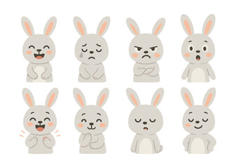 Fototapeta premium Adorable bunny emotions icon set: expressive flat design for emotional projects. Vector icons