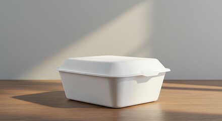 White Takeout Container on Wooden Surface, Food Packaging Close-Up