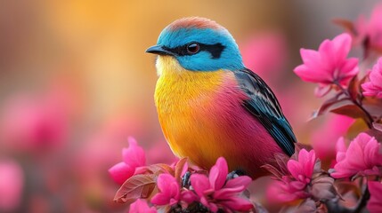 Bright multi-colored bird. Unusual birds with multi-colored rainbow feathers. Paradise tropical birds.
