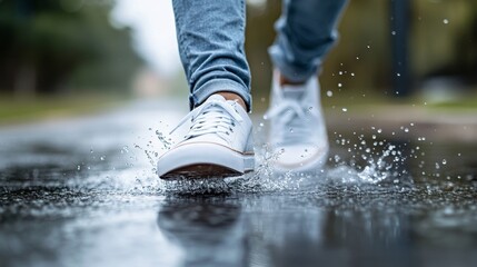 A close-up of white sneakers splashing through puddles on a wet surface, with water droplets visibly spraying around
