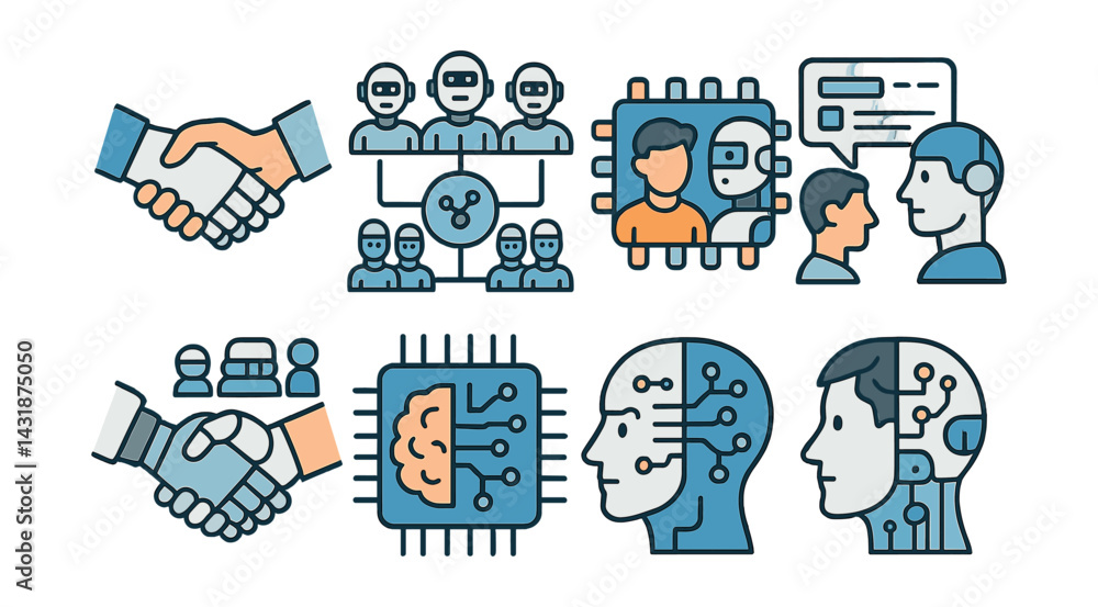 Poster ai unity icons set: robotics, communication, handshake, brain chip, human-machine interaction. vecto