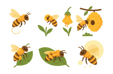 Charming honey bee icon set: delightful bees, flowers, and hives in flat style. Vector icons