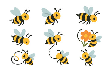 Whimsical bee icons set – with 8 unique bee illustrations. Vector icons