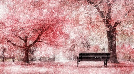 A tranquil park scene in springtime, blanketed in soft pink blossoms.