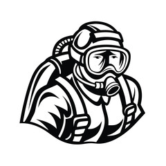 Black and White Man Wearing Safety Gear, Gas Mask, and Tank on Back